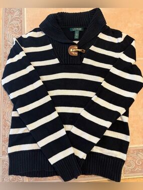 Ralph Lauren Black and White Striped Turtleneck Sweater with Toggle LIKE NEW!!!